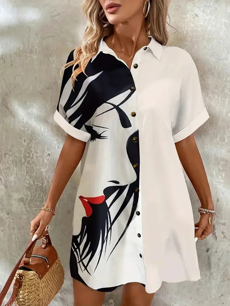 Ladies Short-sleeve Trend Single-breasted Elegant  Dress