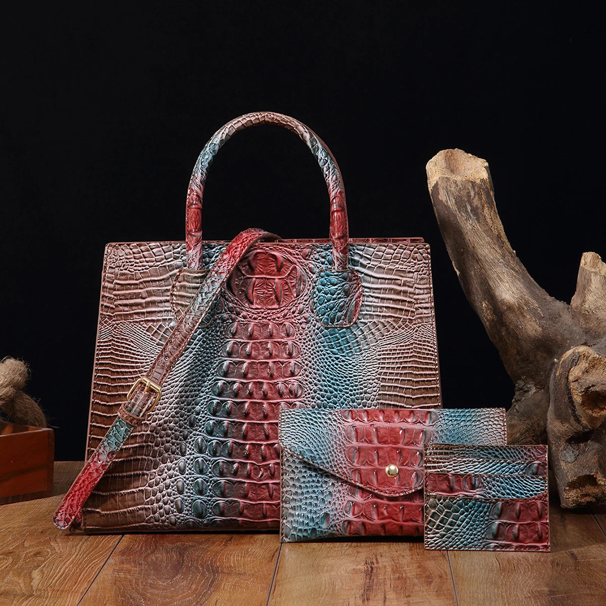3 set Crocodile Pattern Handbag & Purses Set, Multi-functional Vintage Top Handle Crossbody Bag & Business Clutch Bag