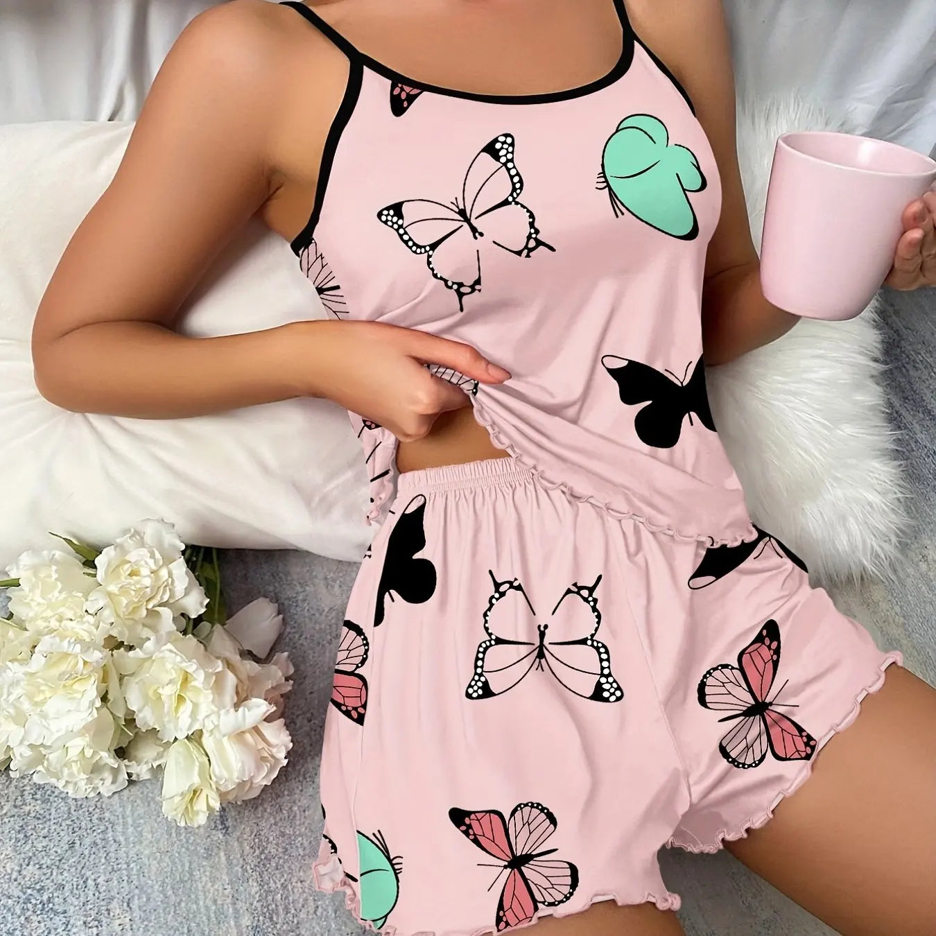 Butterfly Print Pyjama Set Top  Elastic Waistband Shorts Women  Sleepingwear