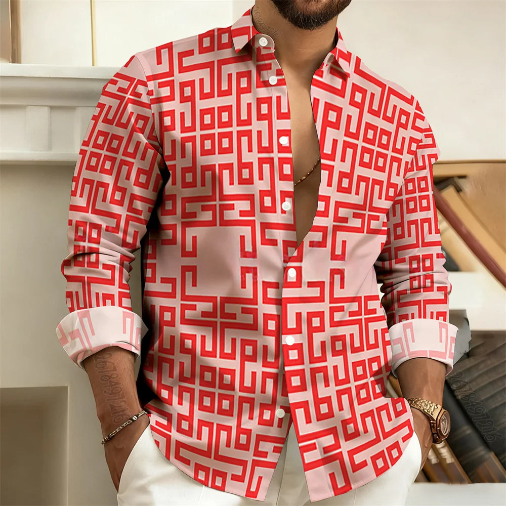 Long-Sleeved Polo Shirt, Vintage Print Style with Greek Key Pattern