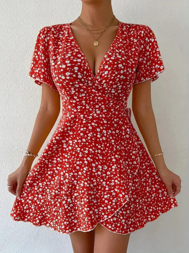 Women Sexy Printed A Line Dress Summer  V-Neck Short Sleeved Mini Dresses