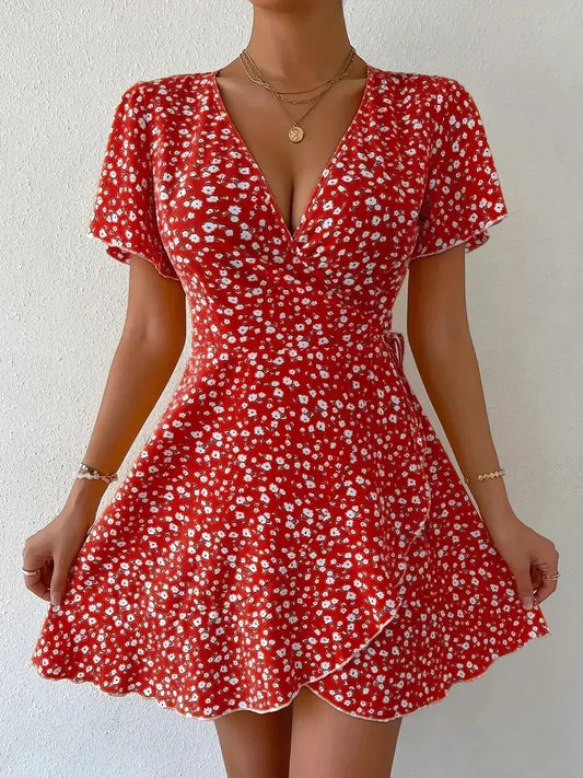 Women Sexy Printed A Line Dress Summer  V-Neck Short Sleeved Mini Dresses
