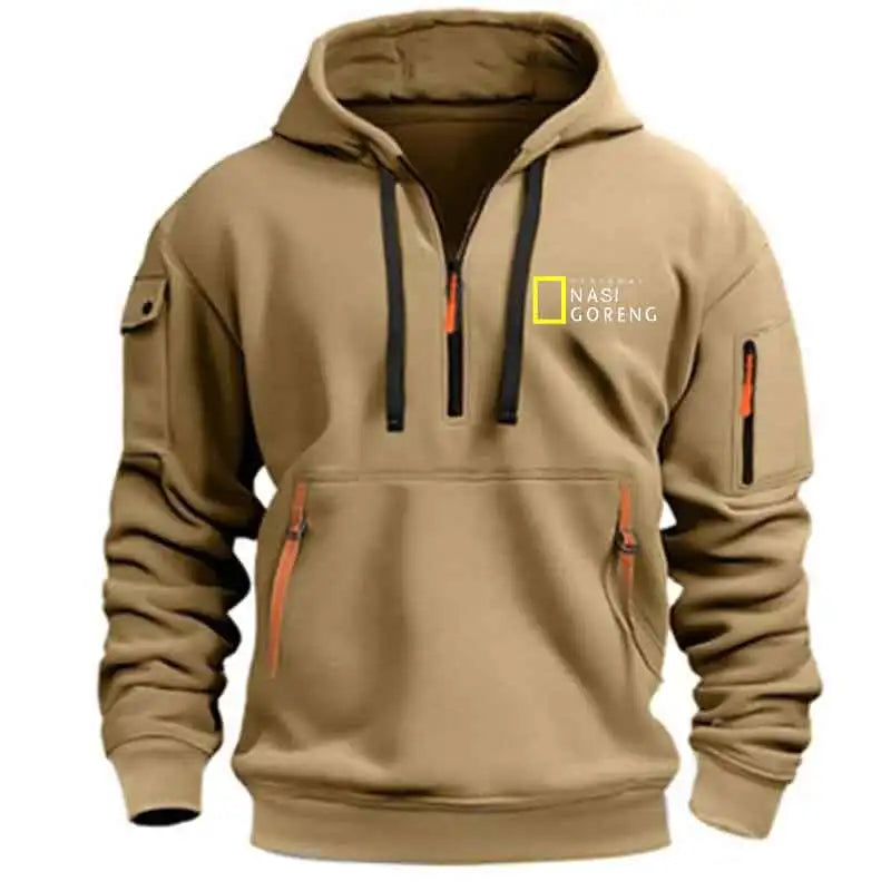 Half-zip Multi-pocket Pullover Sports Long-sleeve Hooded  Sweatshirt