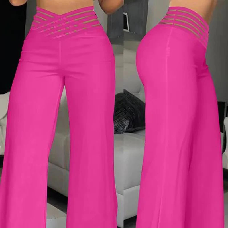Fashionable Trendy Women's Hollowed Out Waist Belt High Waisted  Wide Leg Pants