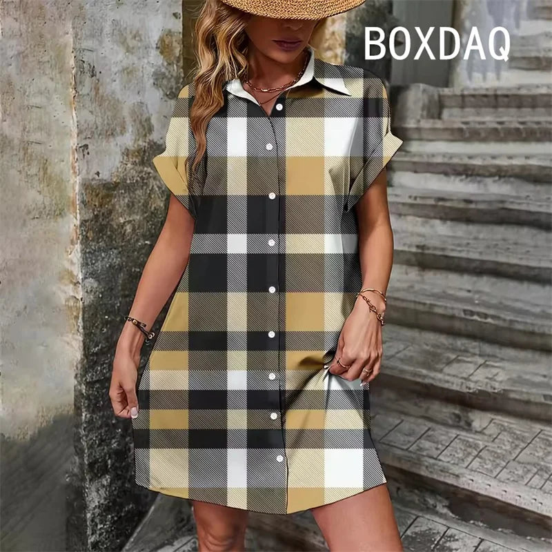 Elegant Vintage Striped Print  Short Sleeve With Button  Dress