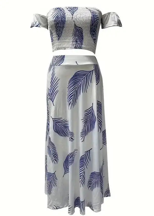 Bohemian Two-piece Set Women's Off-shoulder Elastic Solid Color Vest With feather Print High Waist Slit Skirt Set