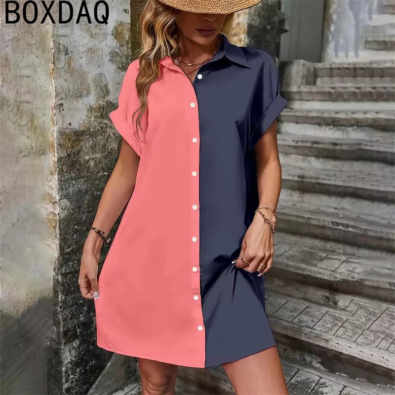 Two Tone Spliced Shirt for Summer Evening  Casual Dress