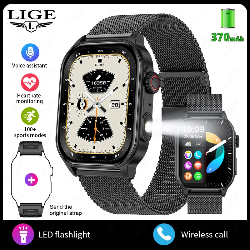Unisex Smart Watch Flashlight 2.01" HD Large Screen AI Voice Bluetooth Call Sport And Health Monitor