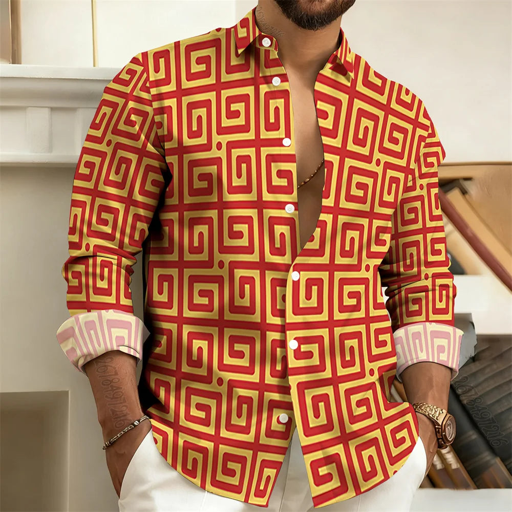 Long-Sleeved Polo Shirt, Vintage Print Style with Greek Key Pattern