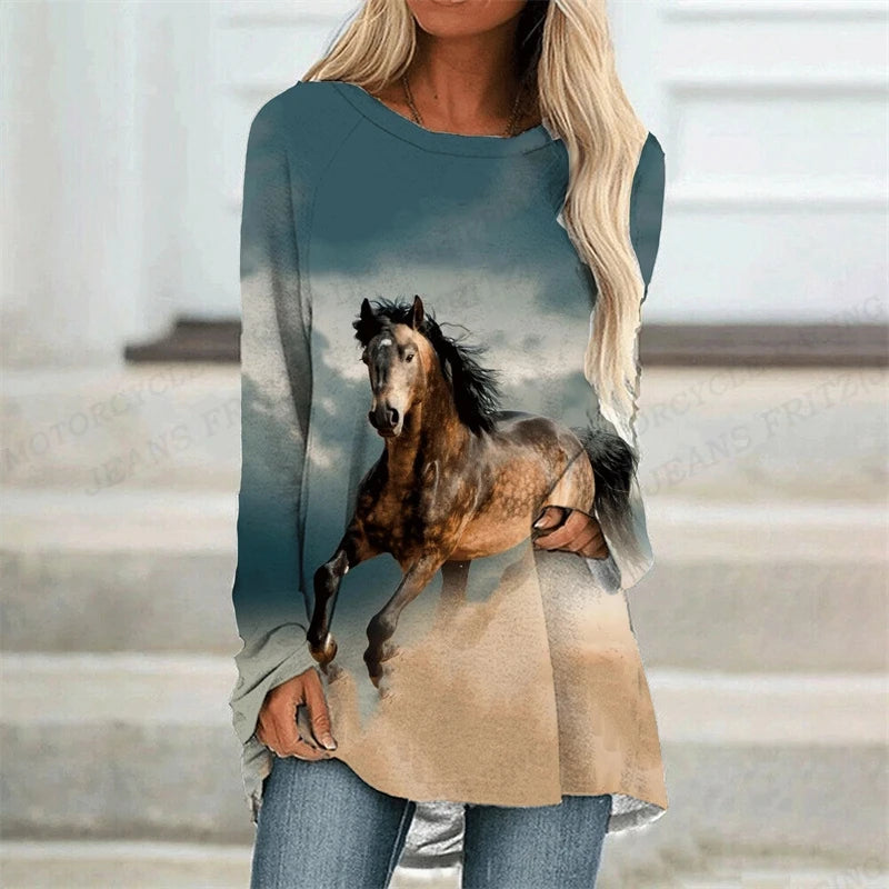 Horse T Shirt Long Sleeve Tops Tees Ladies