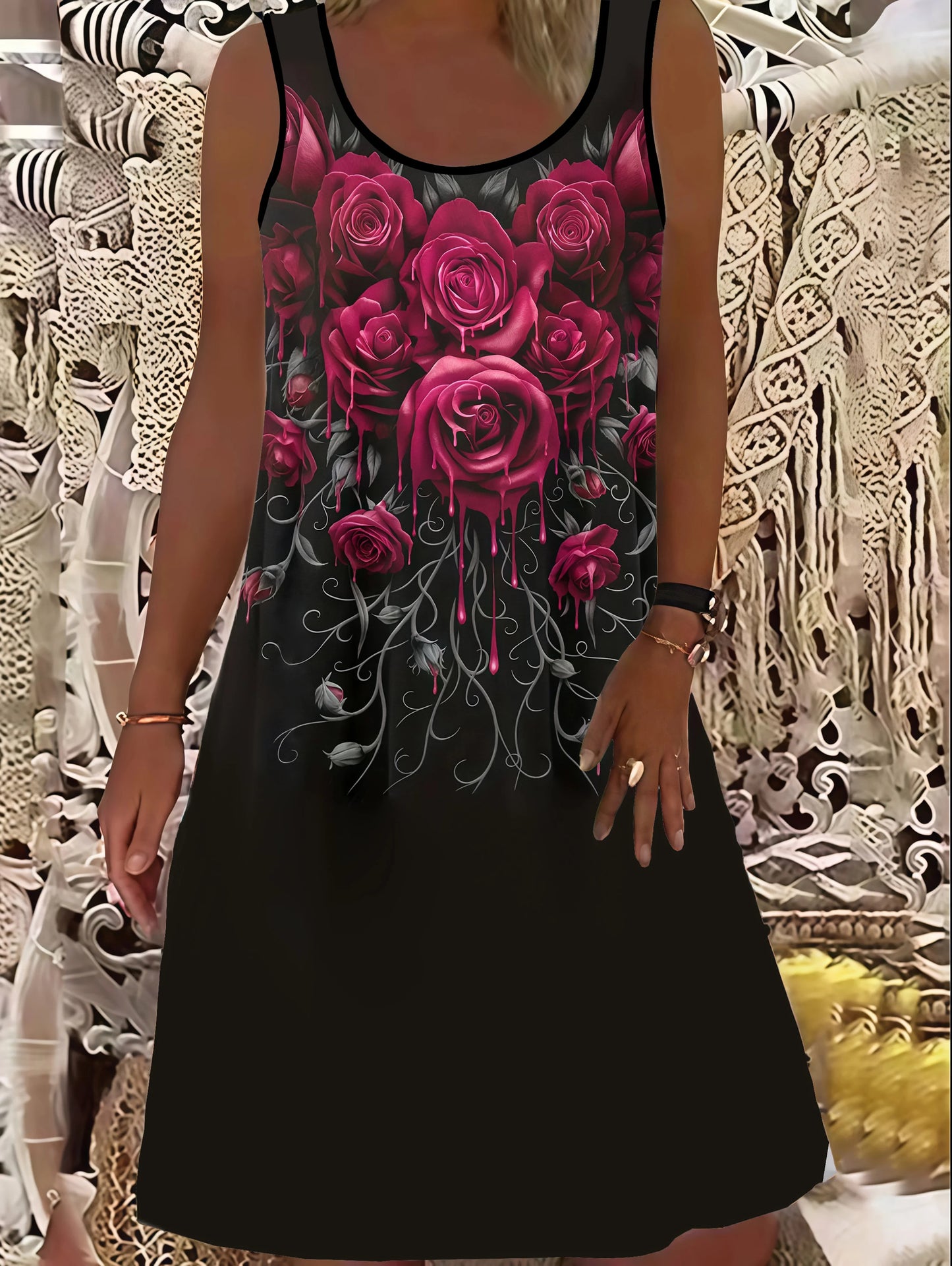 elegant round neck ethnic style print large size sleeveless women's dress