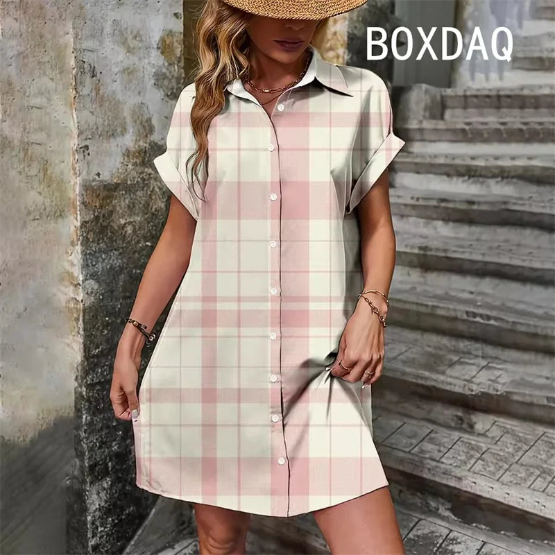 Elegant Vintage Striped Print  Short Sleeve With Button  Dress