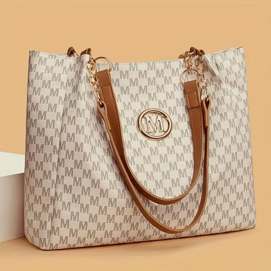 Vintage Geometric  Synthetic Leather Letter "M" Design for Women Handbag Shoulder  Large Capacity Shopping Travel Bag