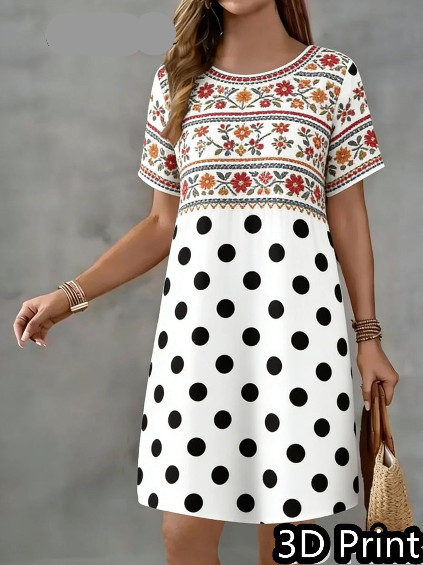 Vintage Dot  Floral Print Mini Summer Short Sleeve Dress