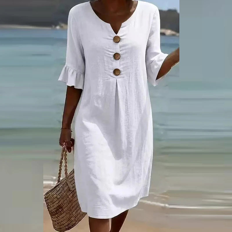 Elegant V Neck Half Sleeve Button Midi Holiday Dress