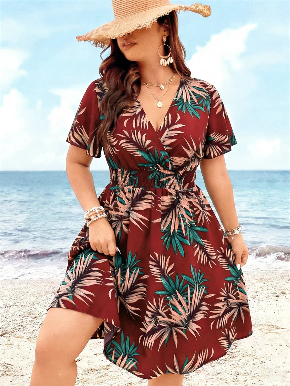 Tropical Print V-Neck Butterfly Sleeve Dress