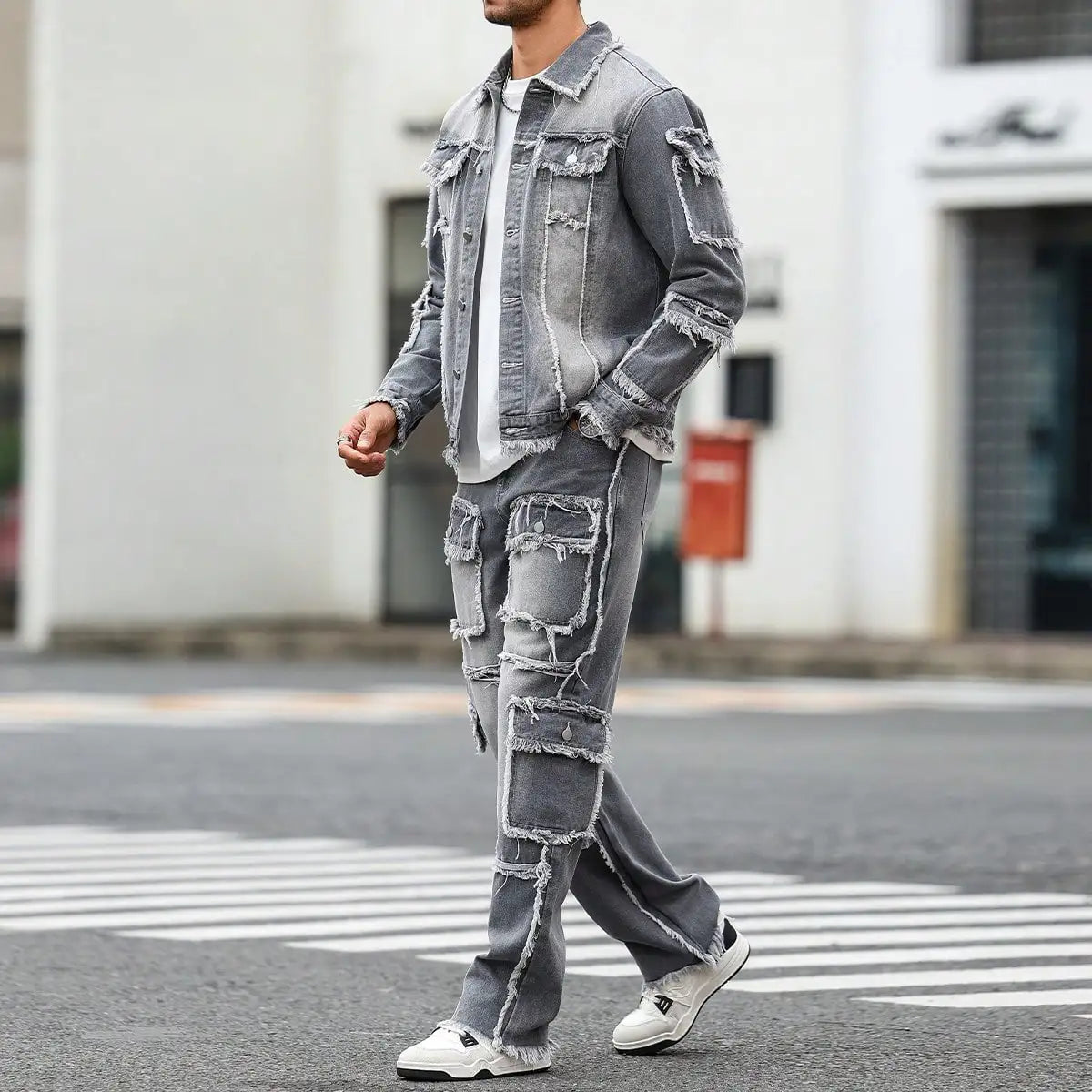 Men's Street Style Raw-Hem Grey Denim Set, a minimalist and fashionable two-piece