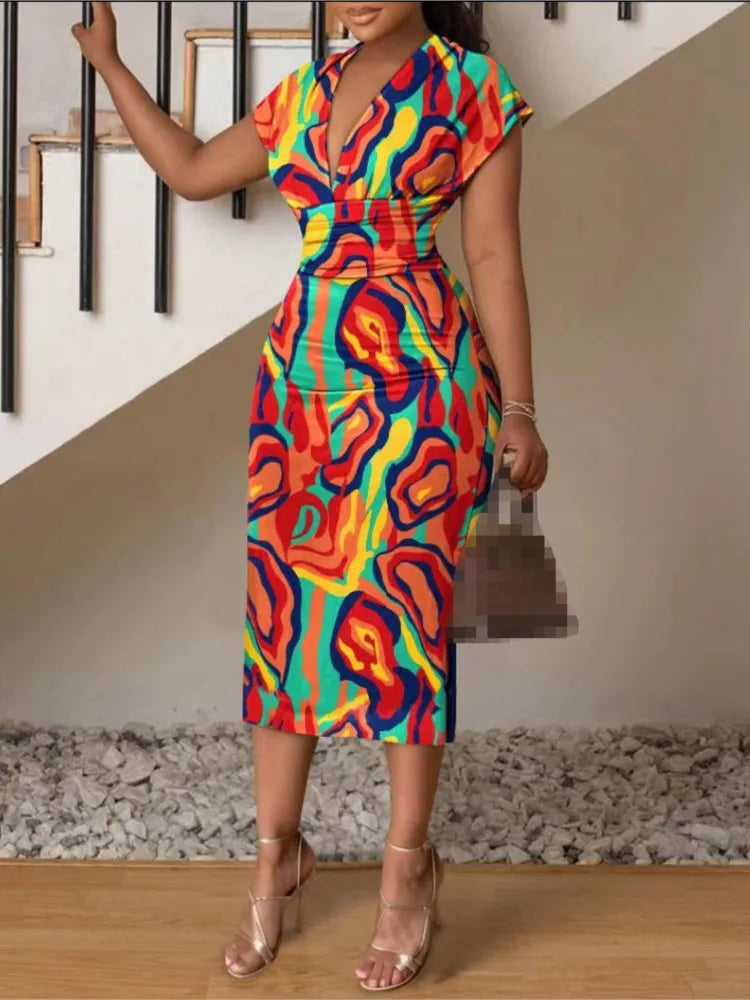 New V-neck Slim Hip-hugging Sexy Printed