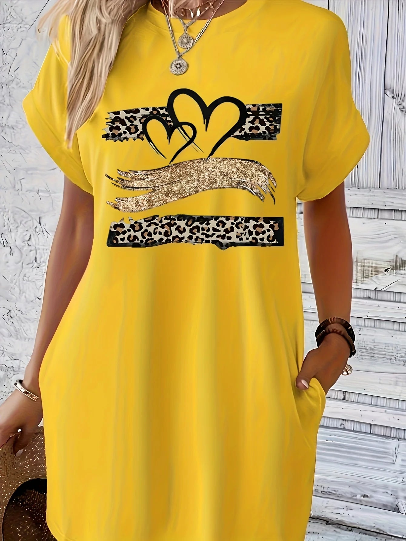 Knit TShirt Dress with Heart  Print Crew Neck Short Sleeve Fashionable