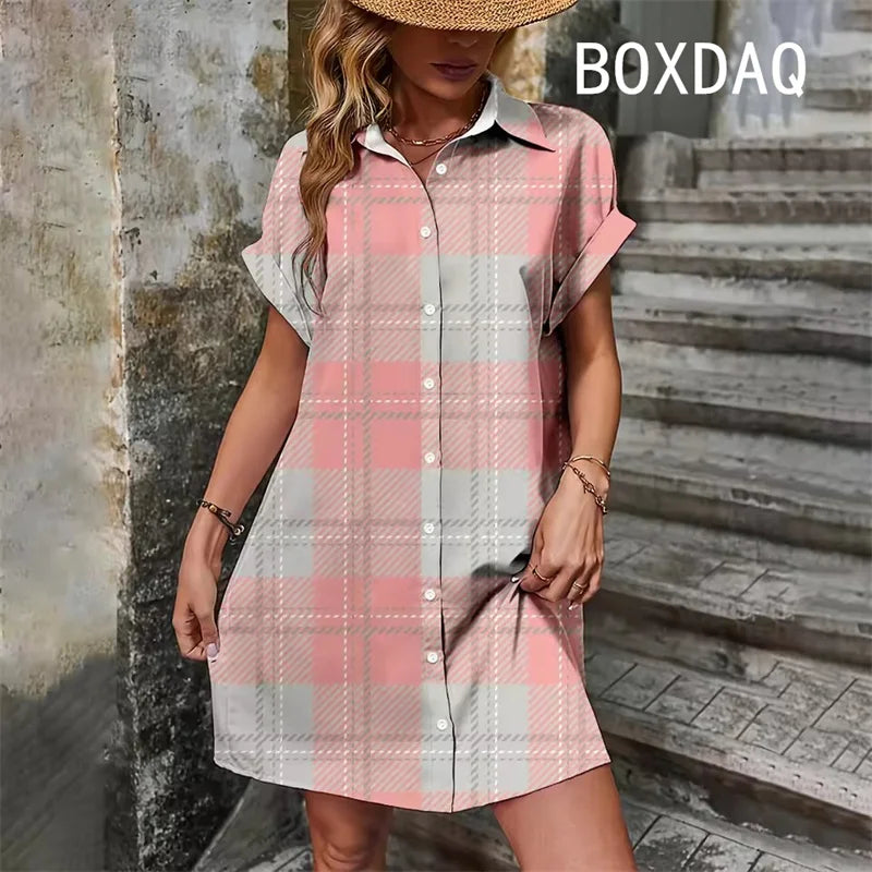Elegant Vintage Striped Print  Short Sleeve With Button  Dress