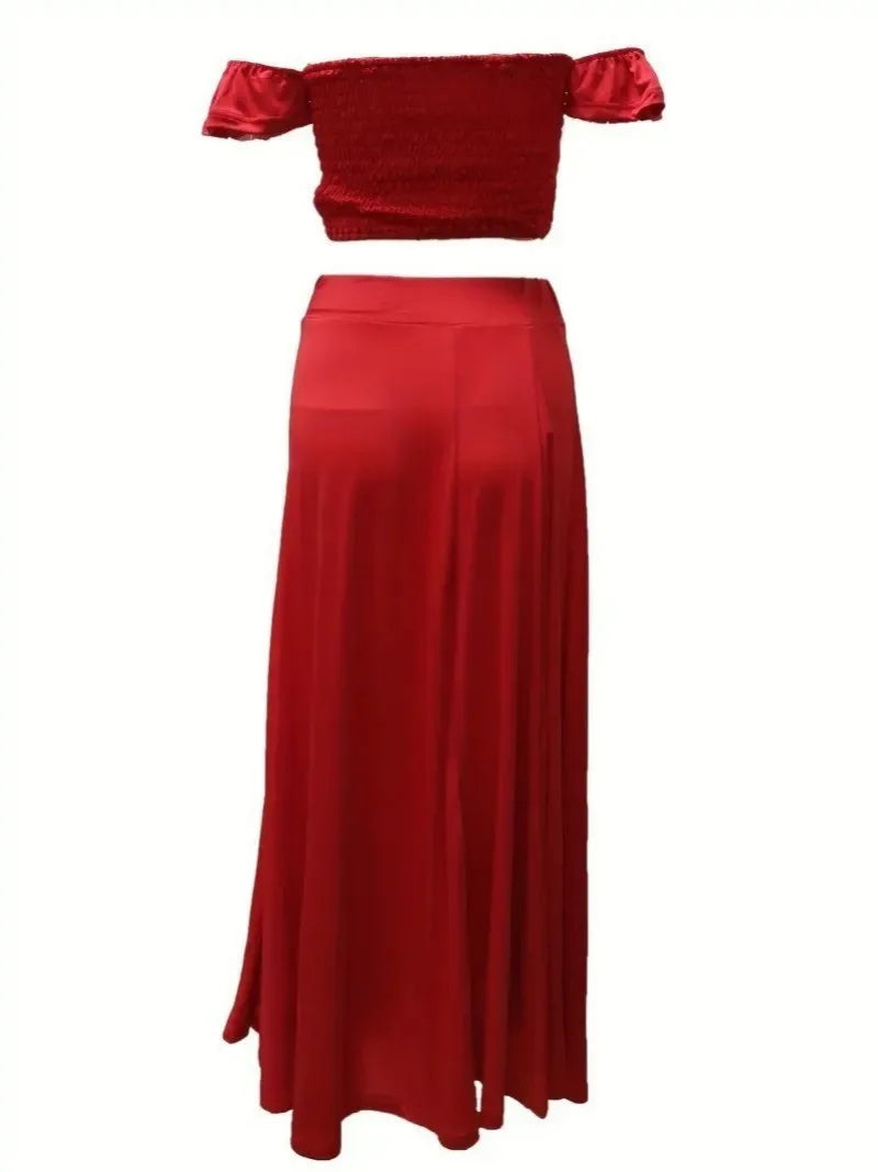 Bohemian Two-piece Set Women's Off-shoulder Elastic Solid Color Vest With feather Print High Waist Slit Skirt Set