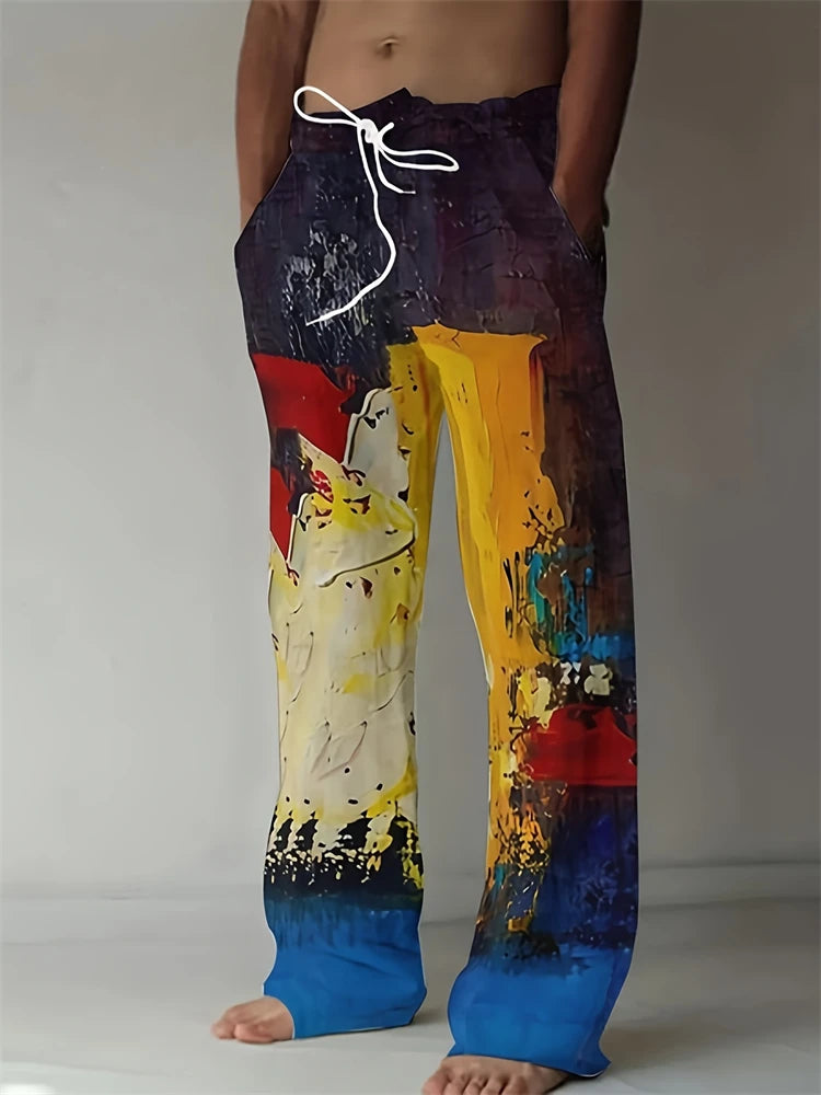 Summer Oversized New Men's Bohemian Wide Leg Pants 3D Retro Splicing Printed Loose Casual Beach Pants