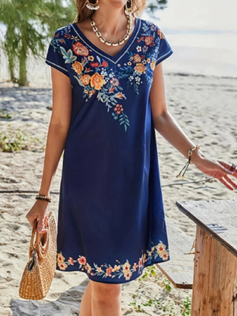 Bohemian Floral Print V-neck Slimming Short-sleeved Straight Dress