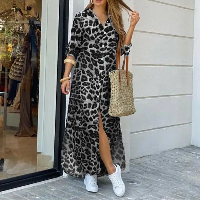 Long Sleeve  Pocket Button Print Shirts Dress