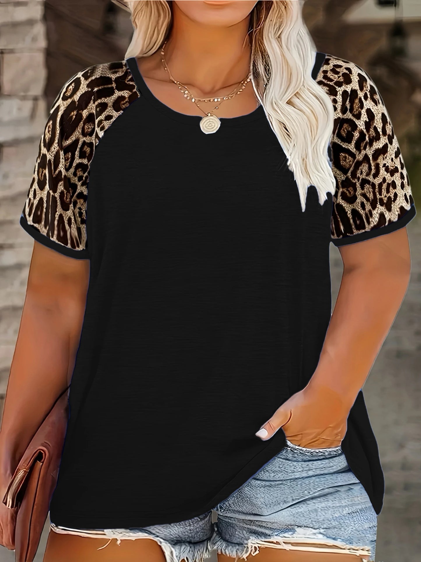 Casual Leopard Print Color Block Round Neck T-Shirt | Fashionable Short Sleeve Top
