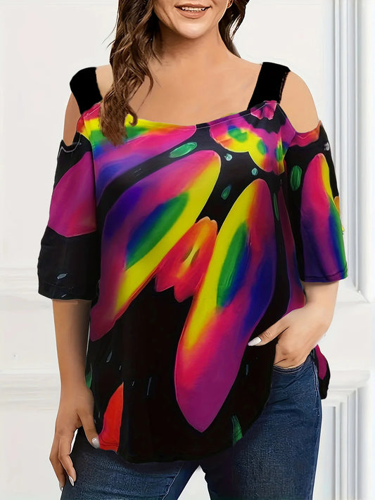 Summer new fashion strap off-the-shoulder multi-color print  short sleeve t-shirt