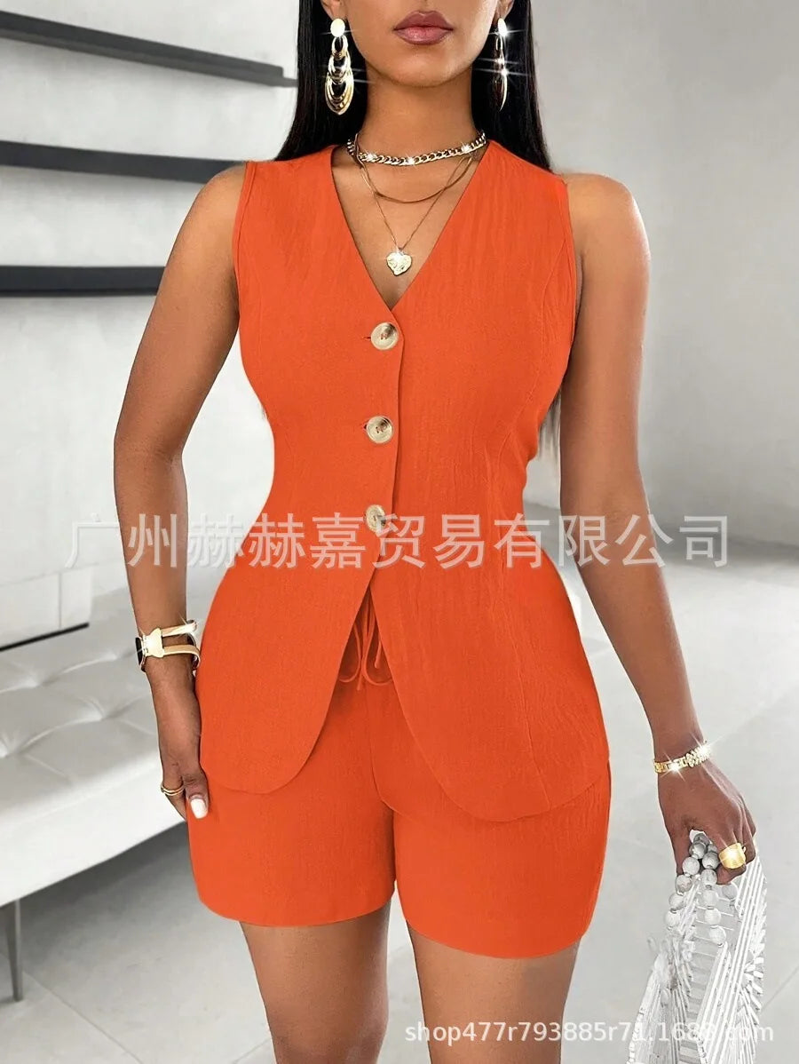 Cotton Linen Shorts Sets Solid Color V-Neck Slim Tops Office Lady Shorts Suits