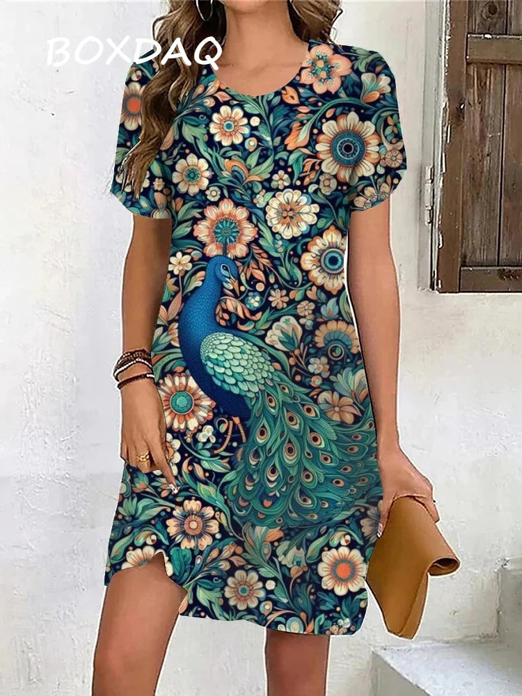 Summer women's short sleeve dress Print Loose Beach Dress