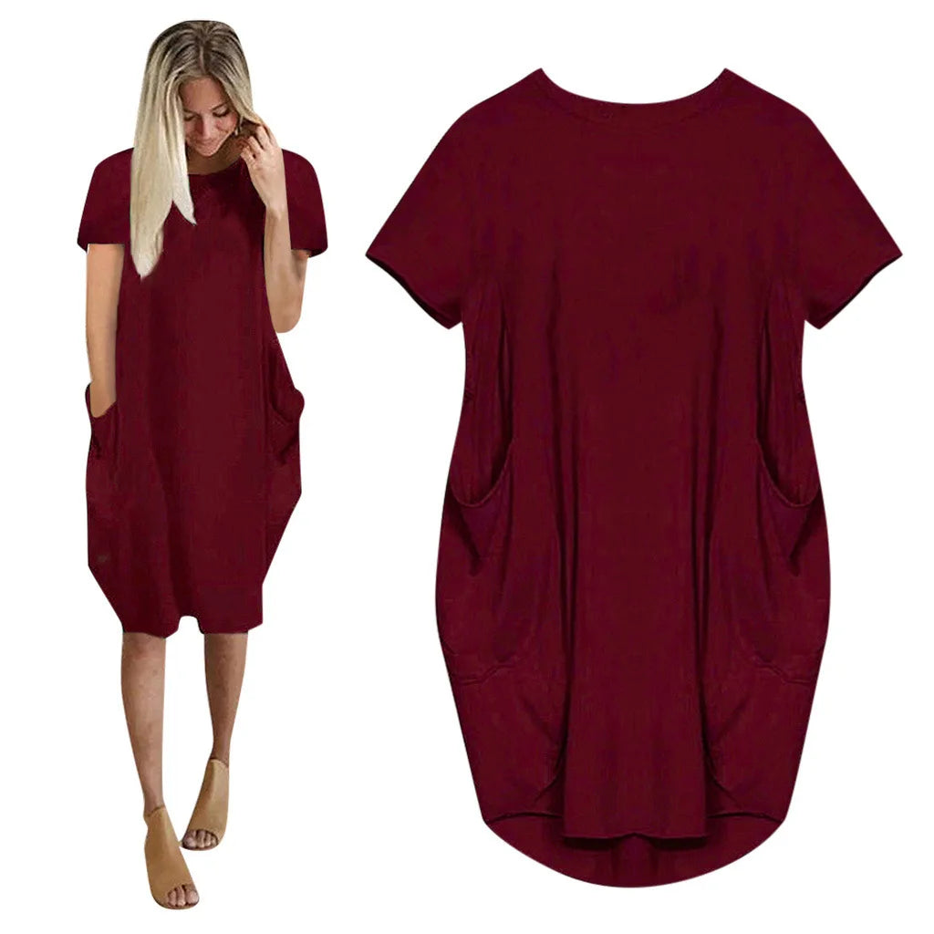 Short Sleeve  Round Neck Pockets Sexy Female Dress