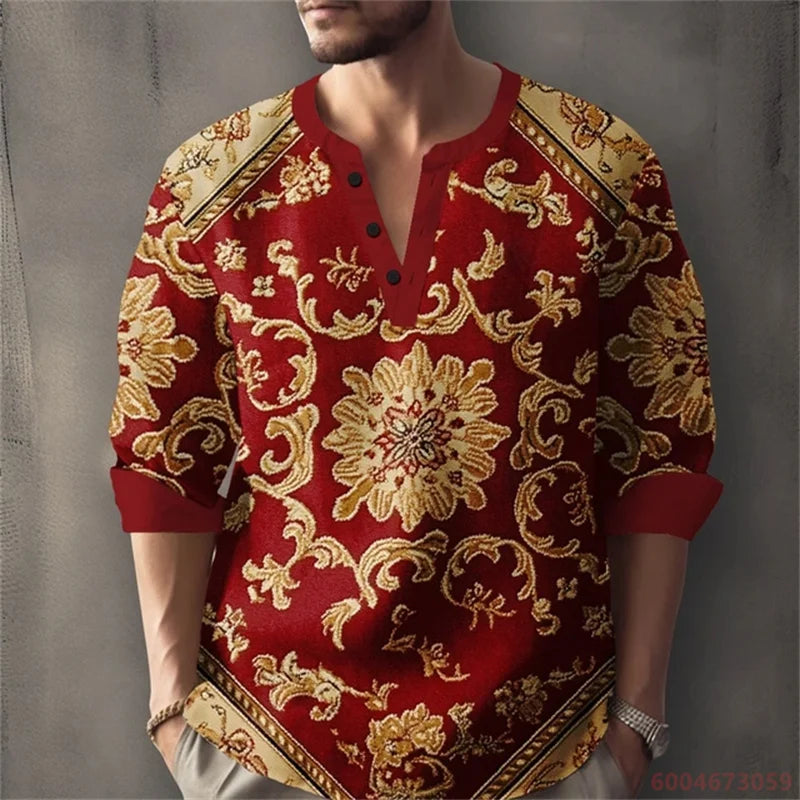 Long sleeved shirt for summer vacation, a color-blocked geometric print and Henley collar