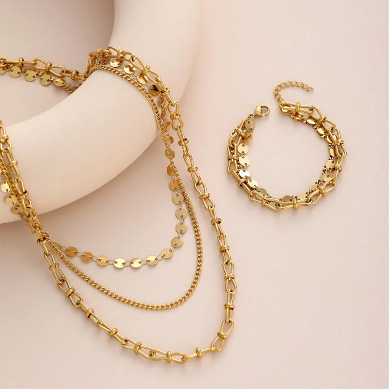 Three-Layer Twin Round Bracelet,Vintage Necklace Hollow Out Stitching Jewelry