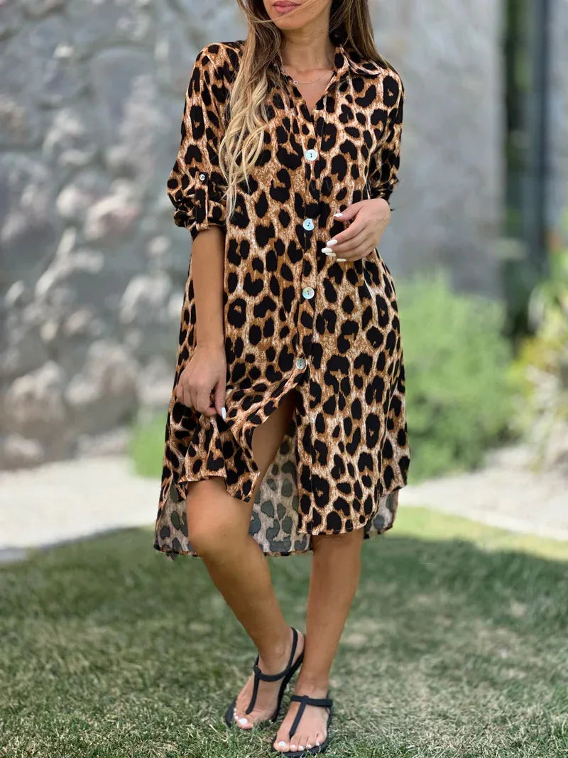 Leopard Print Shirt Dress Herbst Kleider Vestido Femininos