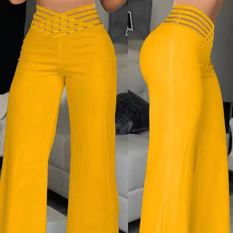 Fashionable Trendy Women's Hollowed Out Waist Belt High Waisted  Wide Leg Pants