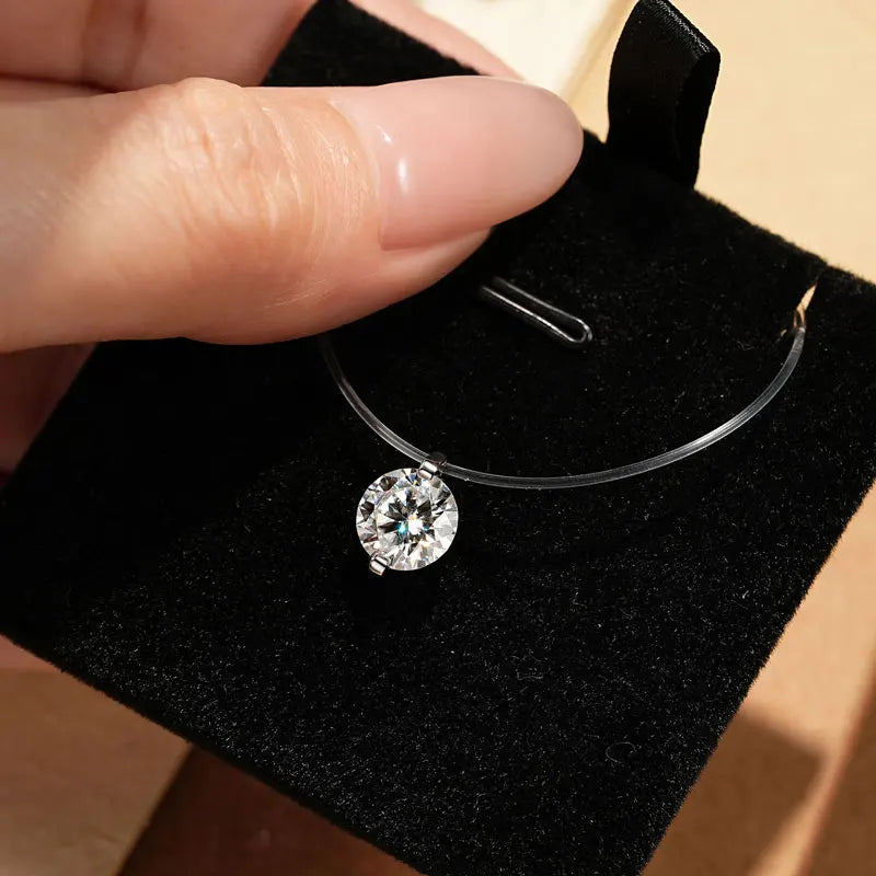 Silver Solitaire Necklace for Women Invisible Fish Line Chain