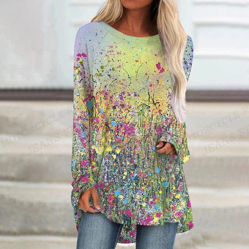 Plant Flowers T Shirt Long Sleeve Butterfly Tops