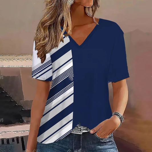 Blue V-Neck Short Sleeve Summer Tops Tees