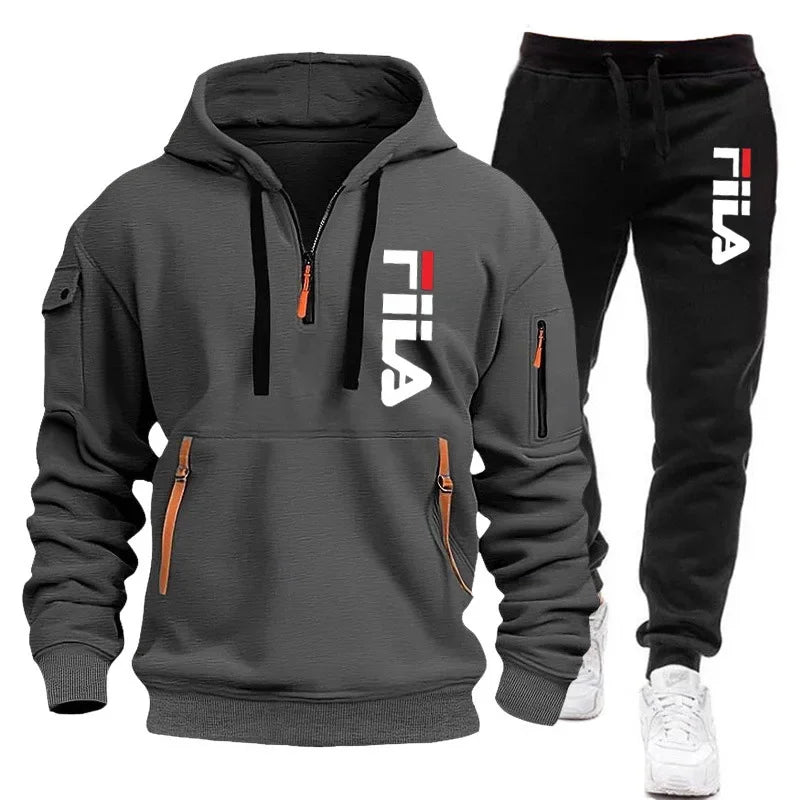 men hooded sweatshirt + Trouser, outdoor multi-pocket men's pullover sportswear set