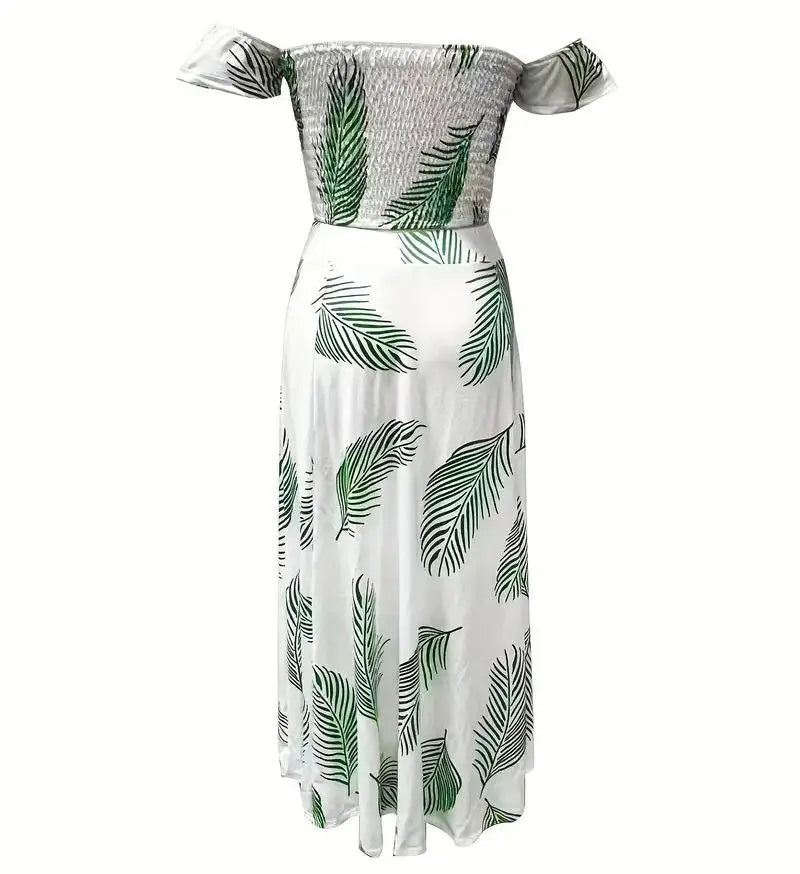 Bohemian Two-piece Set Women's Off-shoulder Elastic Solid Color Vest With feather Print High Waist Slit Skirt Set