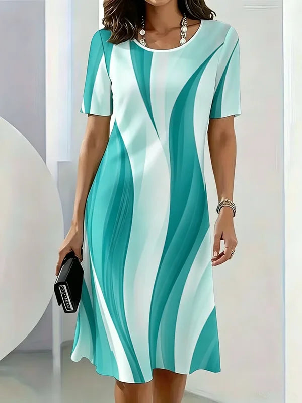 Gradient Striped Pattern Printed Short Sleeve O-Neck Dress