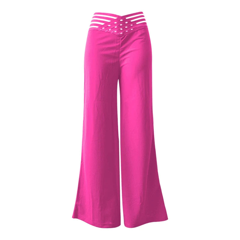 Fashionable Trendy Women's Hollowed Out Waist Belt High Waisted  Wide Leg Pants