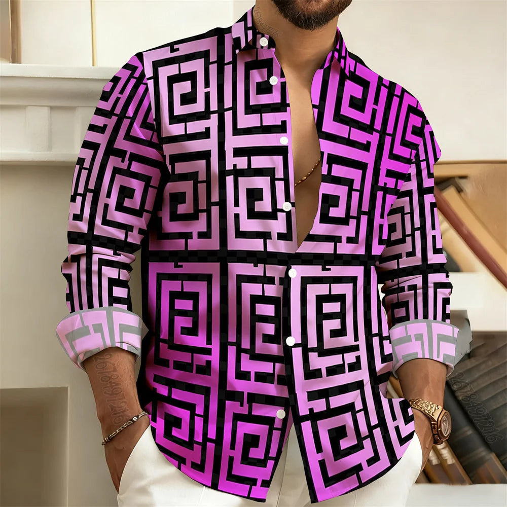 Long-Sleeved Polo Shirt, Vintage Print Style with Greek Key Pattern