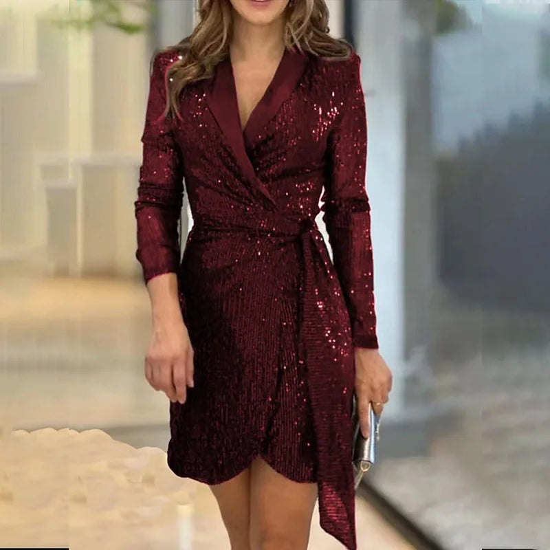 Sexy Waist Series Sequined Suit Collar Long Sleeved Lace Up Dress