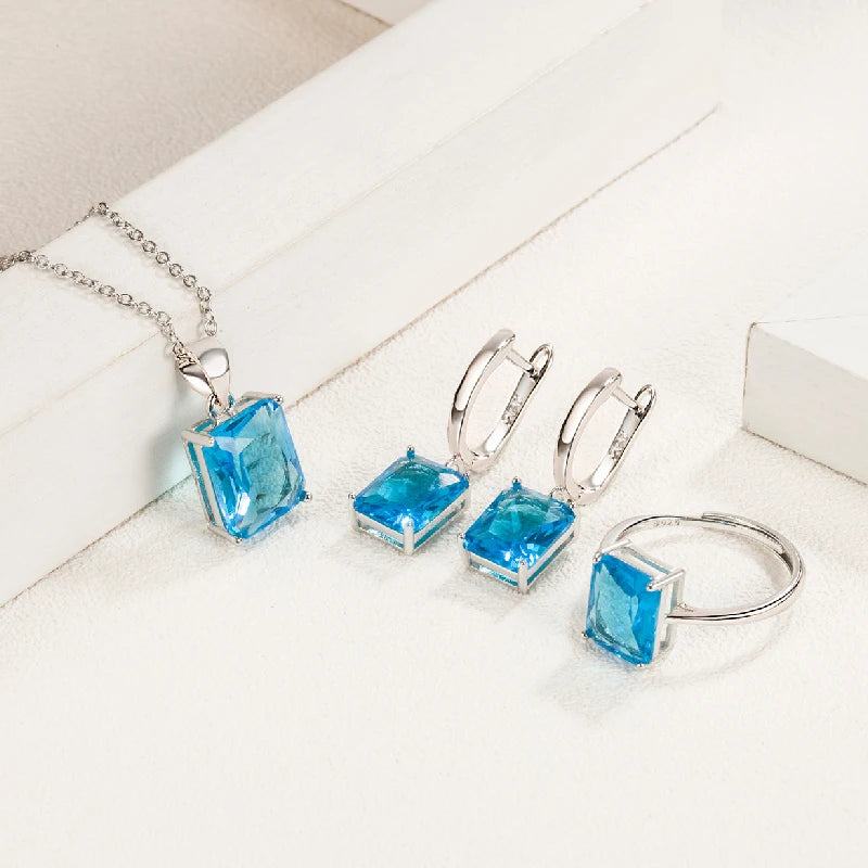 Jewelry Set Earrings Ring Pendant Necklace Rectangle Shape Zircon 925 Silver Accessories for Women Wedding Party Gifts