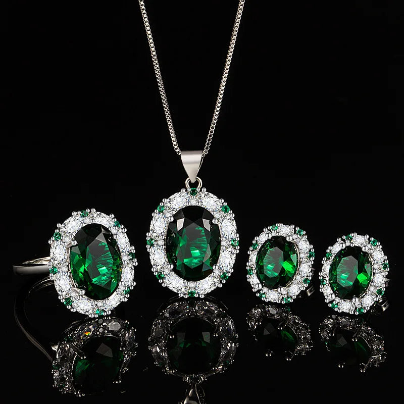 Silver 925 Jewelry Set Ring Earrings Necklace with Zircon Gemstone Accessories for Women Wedding Engagement Party Gift