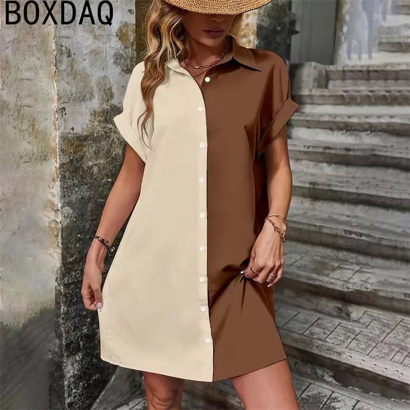 Two Tone Spliced Shirt for Summer Evening  Casual Dress