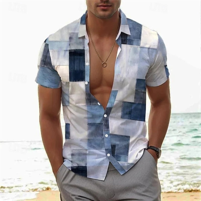 Men's Summer Patchwork Printed Button  Sleeve Shirt Tropical Vacation